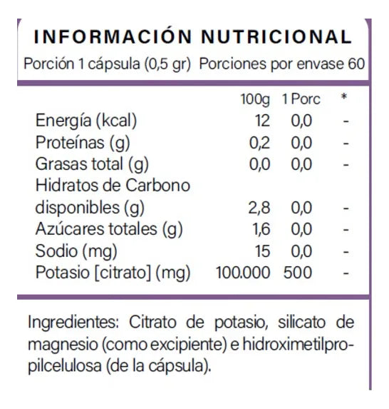 CITRATO POTASIO 500 mg 60 cápsulas vegetales
